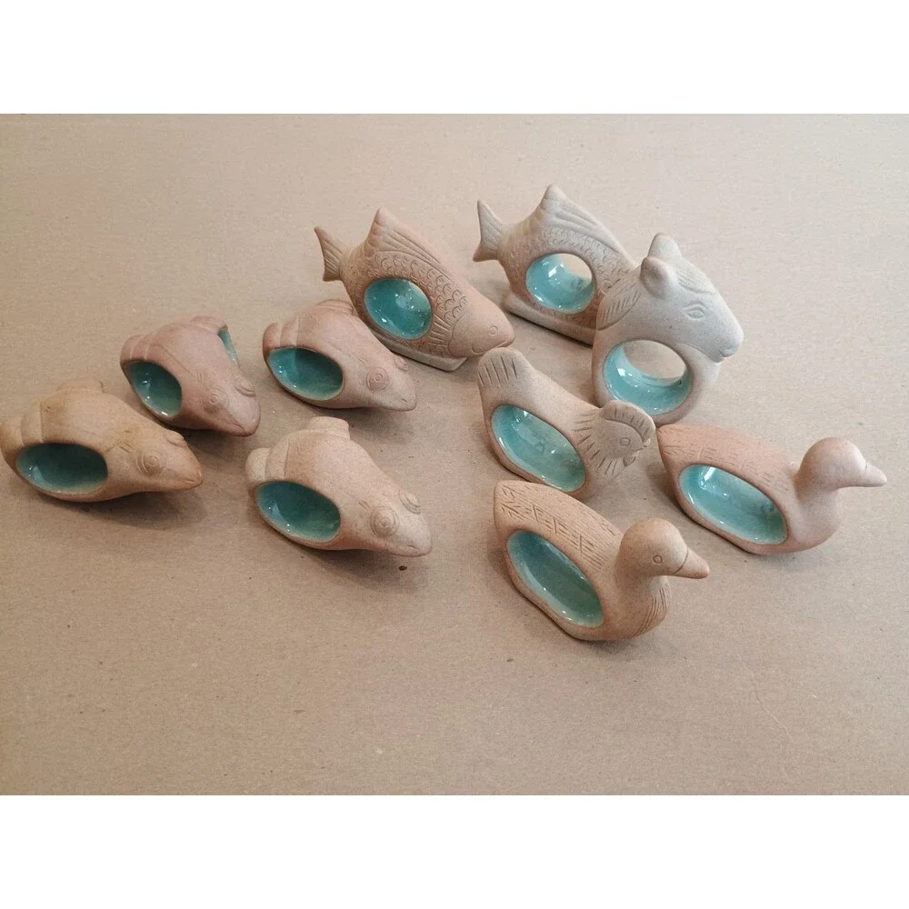 Central Napkin Rings 10 Pottery Glazed Interior Fish Frogs Duck Ornamental